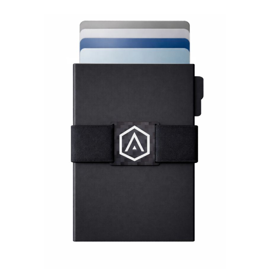 Black cardholder with a logo on a white background
